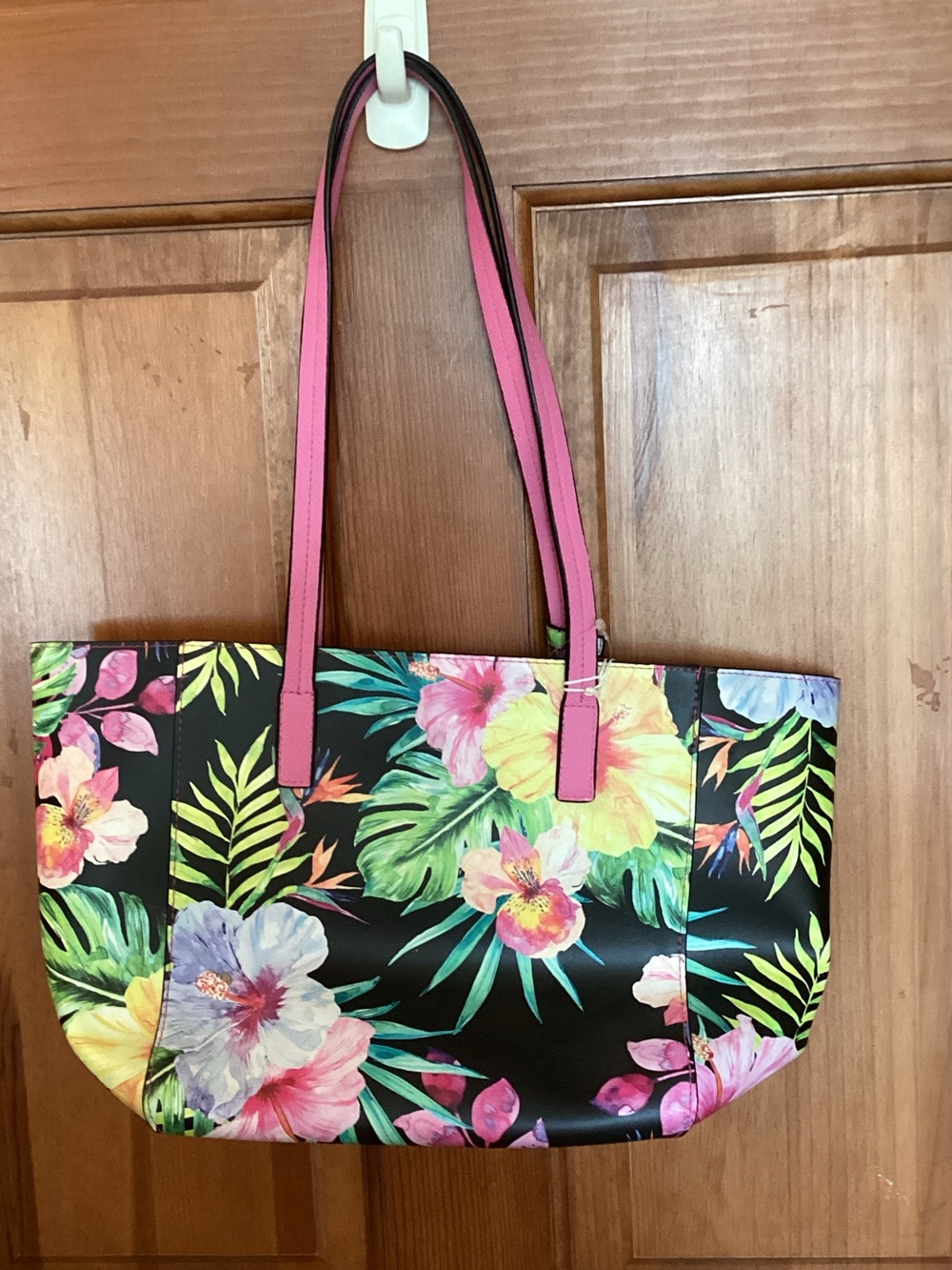Tommy Bahama Black Floral Tote with Pink Handles
